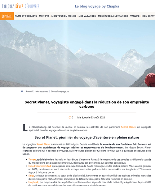 CHAPKA - Secret Planet, voyagiste engagé dans la réduction de son empreinte carbone